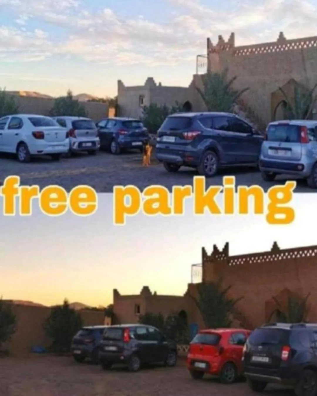 Zone de parking gratuit à Overnight Desert Camp à Merzouga avec plusieurs voitures garées près du camp.