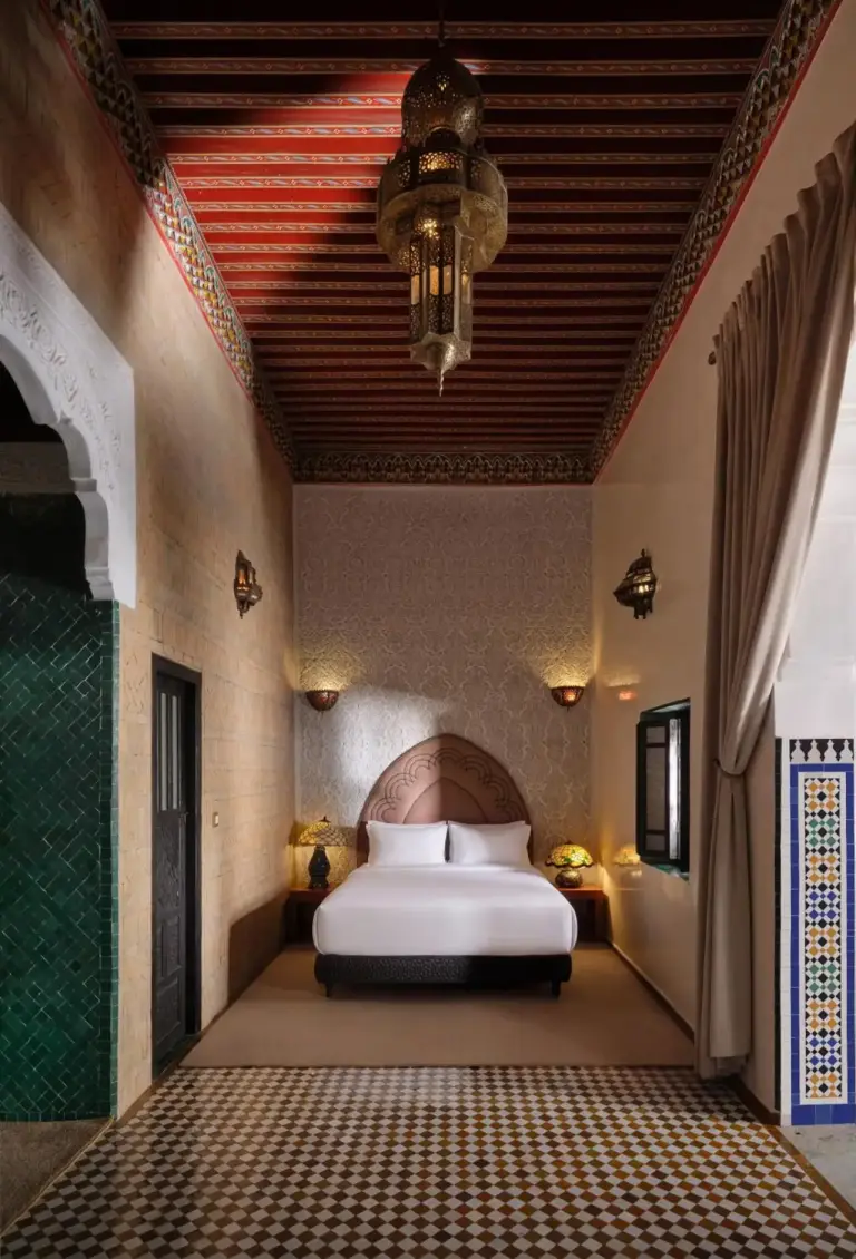 Inviting bedroom corner in Palais De Fès Suites & Spa with Moroccan touches