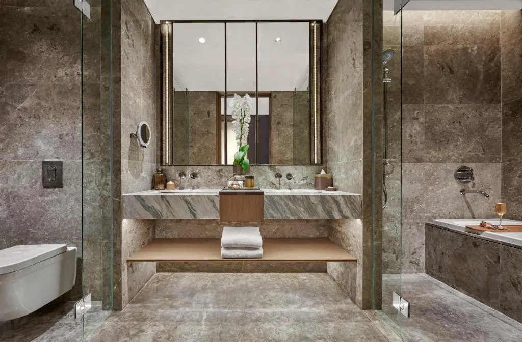 Luxury bathroom featuring marble finishes at Pan Pacific Jakarta