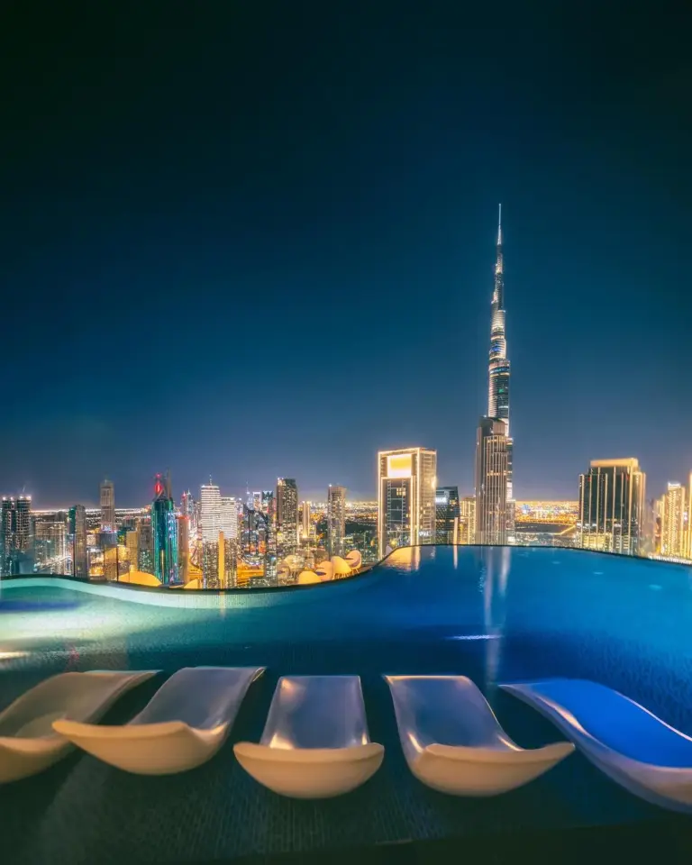 Infinity pool view at Paramount Hotel Midtown Dubai with skyline