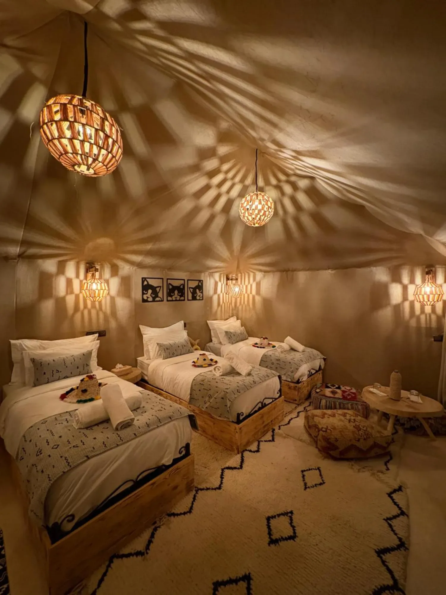 Interior view of the luxury tent at Peaceful Luxury Camp in Merzouga