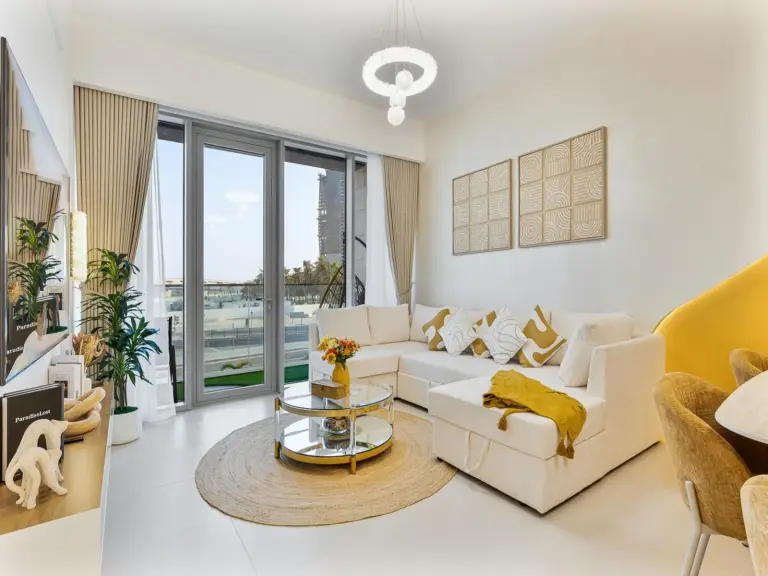 Chic living room in Premium Canal Front 3BR - Burj Khalifa & Canal Views, Dubai
