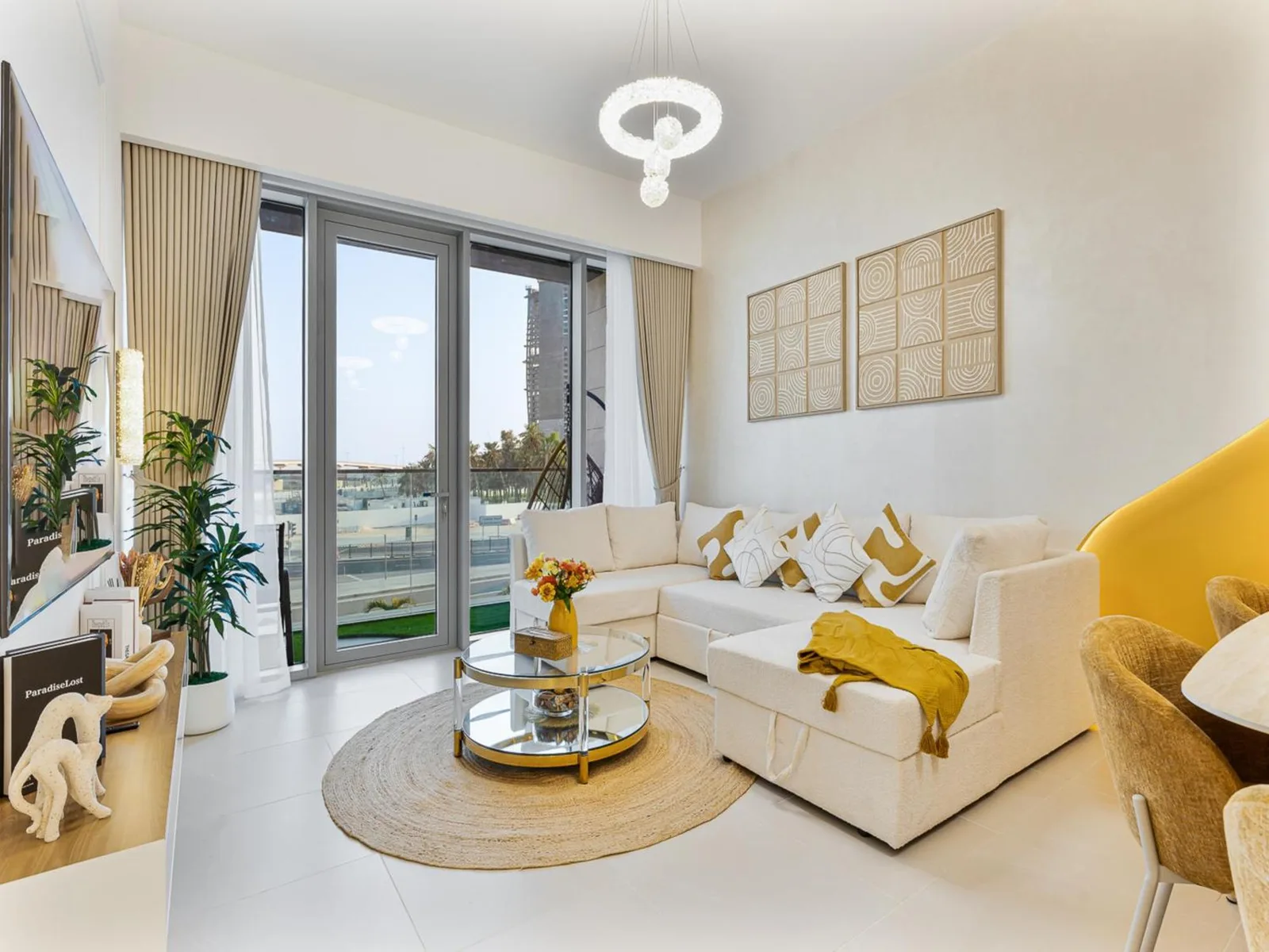 Elegant living room in Premium Canal Front 3BR - Burj Khalifa & Canal Views, Dubai