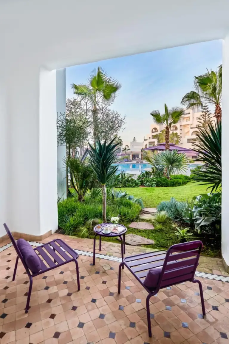 Outdoor patio seating at Pullman Mazagan Royal Golf & Spa in El Jadida