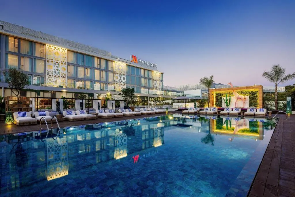 Exterior view of Rabat Marriott Hotel showcasing the pool area