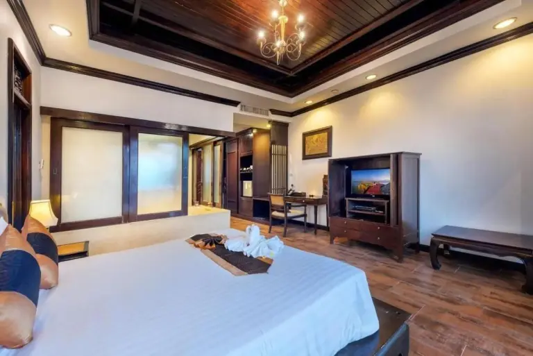 Open-plan bathroom and bedroom area at Racha Kiri Resort & Spa in Khanom, Nakhon Si Thammarat.