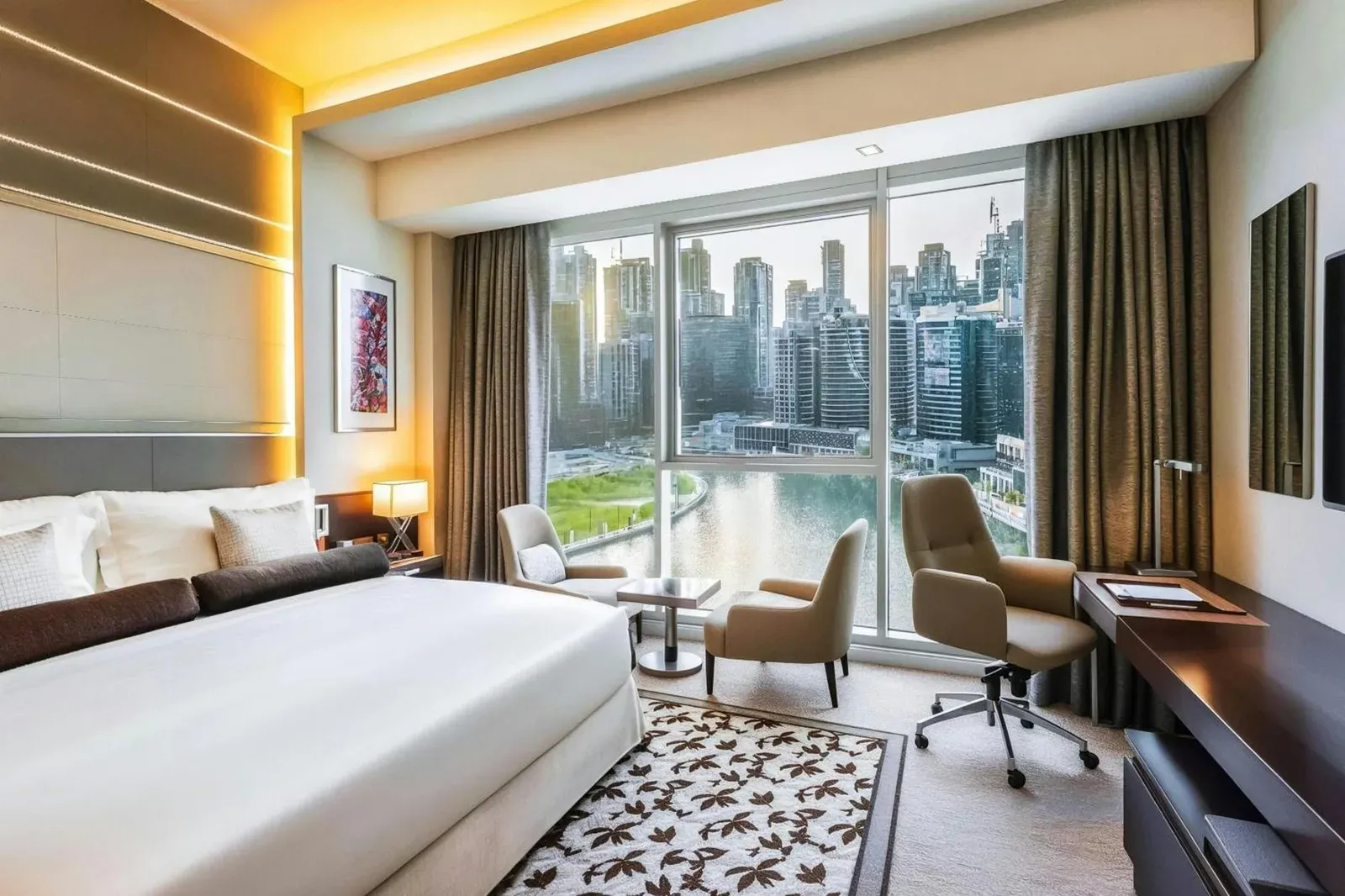 Renaissance Business Bay Hotel luxurious bedroom with city view
