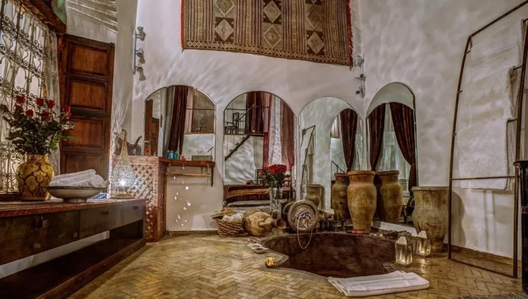 Decorative common area in Riad Almaz, Fes with traditional artifacts