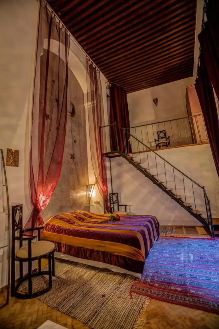 Elegant bedroom in Riad Almaz, Fes with stairs