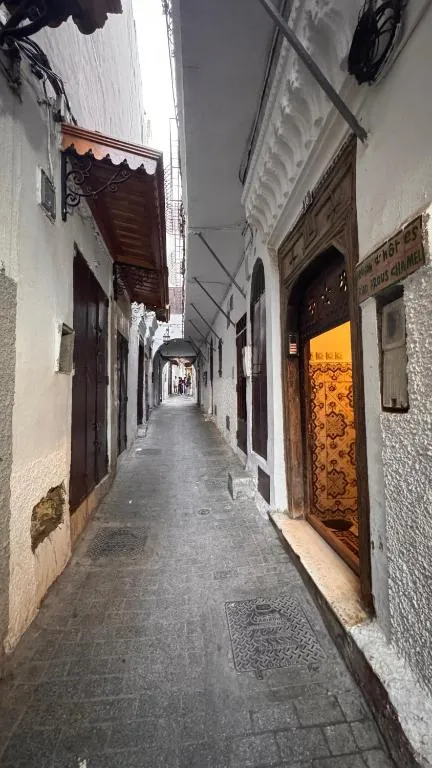 Charming street view outside Riad Arous Chamel in Tangier