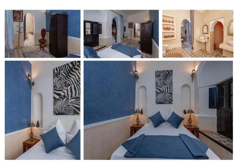 Schlafzimmer-Collage im Riad GUENAOUA Jacuzzi & Rooftop in Marrakesch mit Gästeraum und Baddetails