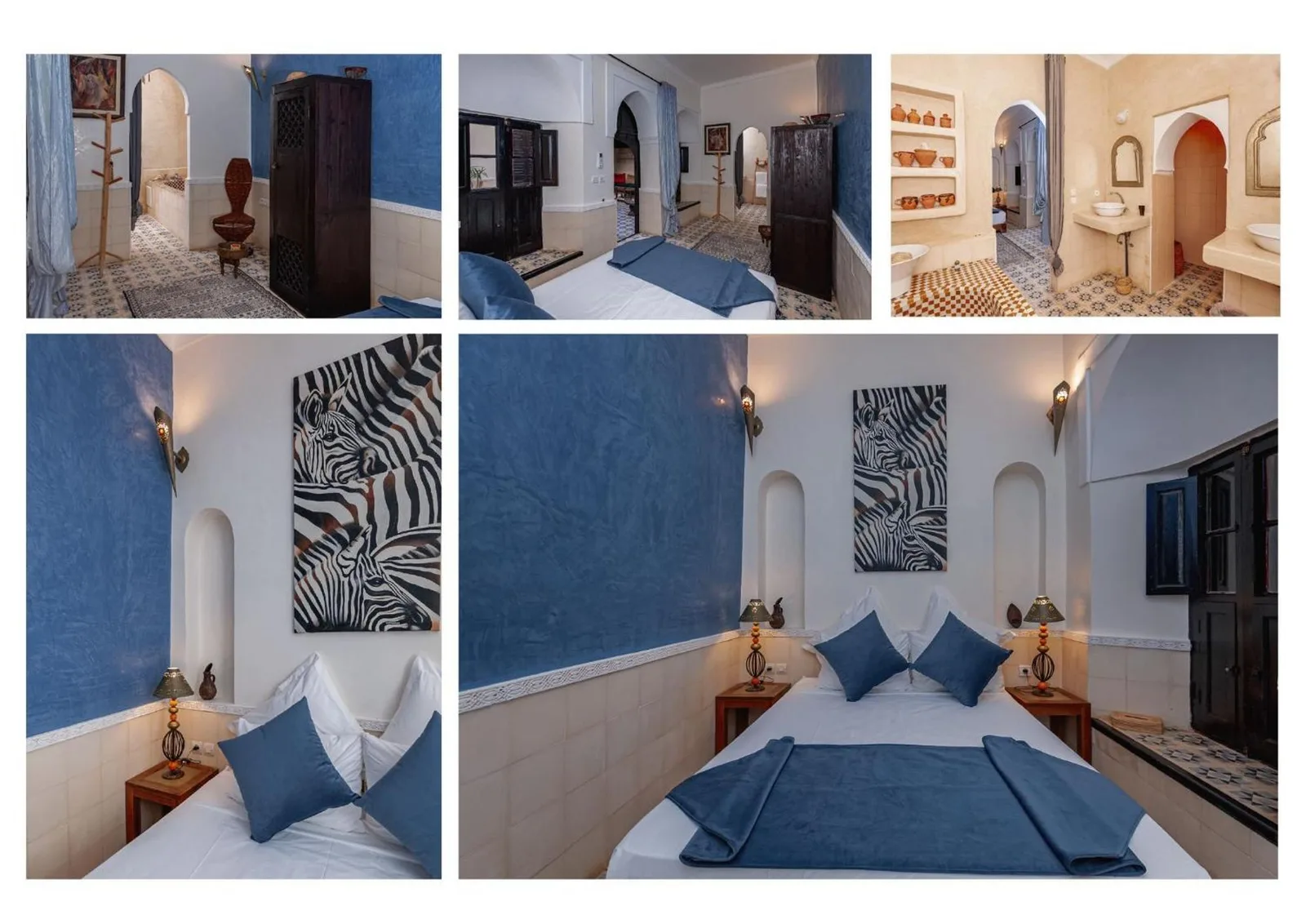 Schlafzimmer-Collage im Riad GUENAOUA Jacuzzi & Rooftop in Marrakesch mit Gästeraum und Baddetails