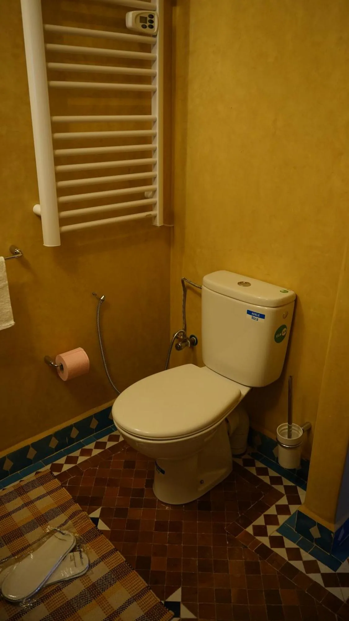 Baño en Riad Jamal en Fes con inodoro, radiador toallero y suelo de baldosas marroquíes con motivos.