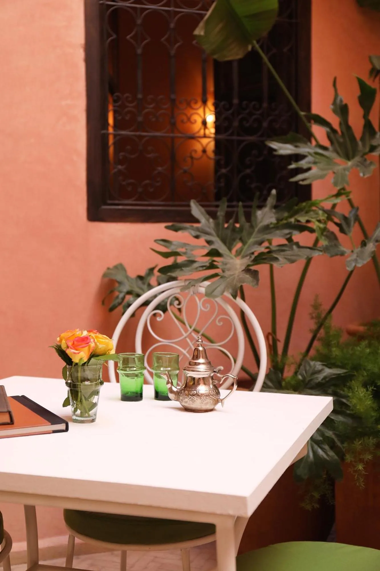 Tea set and table at Riad l'Oiseau du Paradis in Marrakech