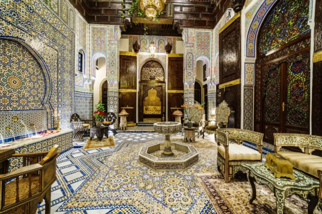 Riad Rcif & Spa Originale lobby area beautifully decorated with intricate tiles