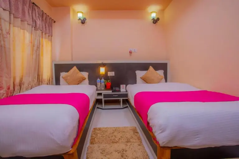 Chambre double au RINGJI PALACE à Birtamod avec un lit propre et un éclairage de chevet.