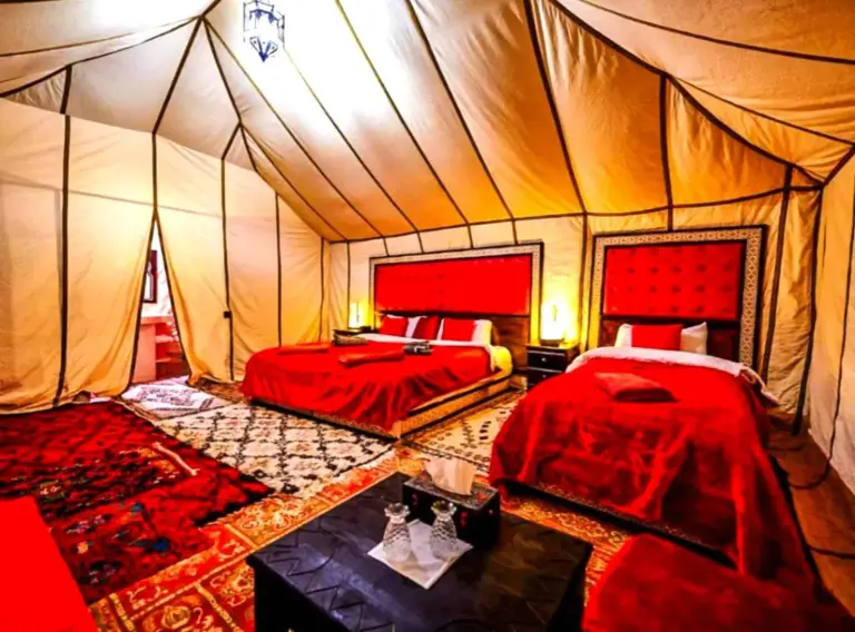 Romantic Luxury Camp Merzouga red tent room with two beds