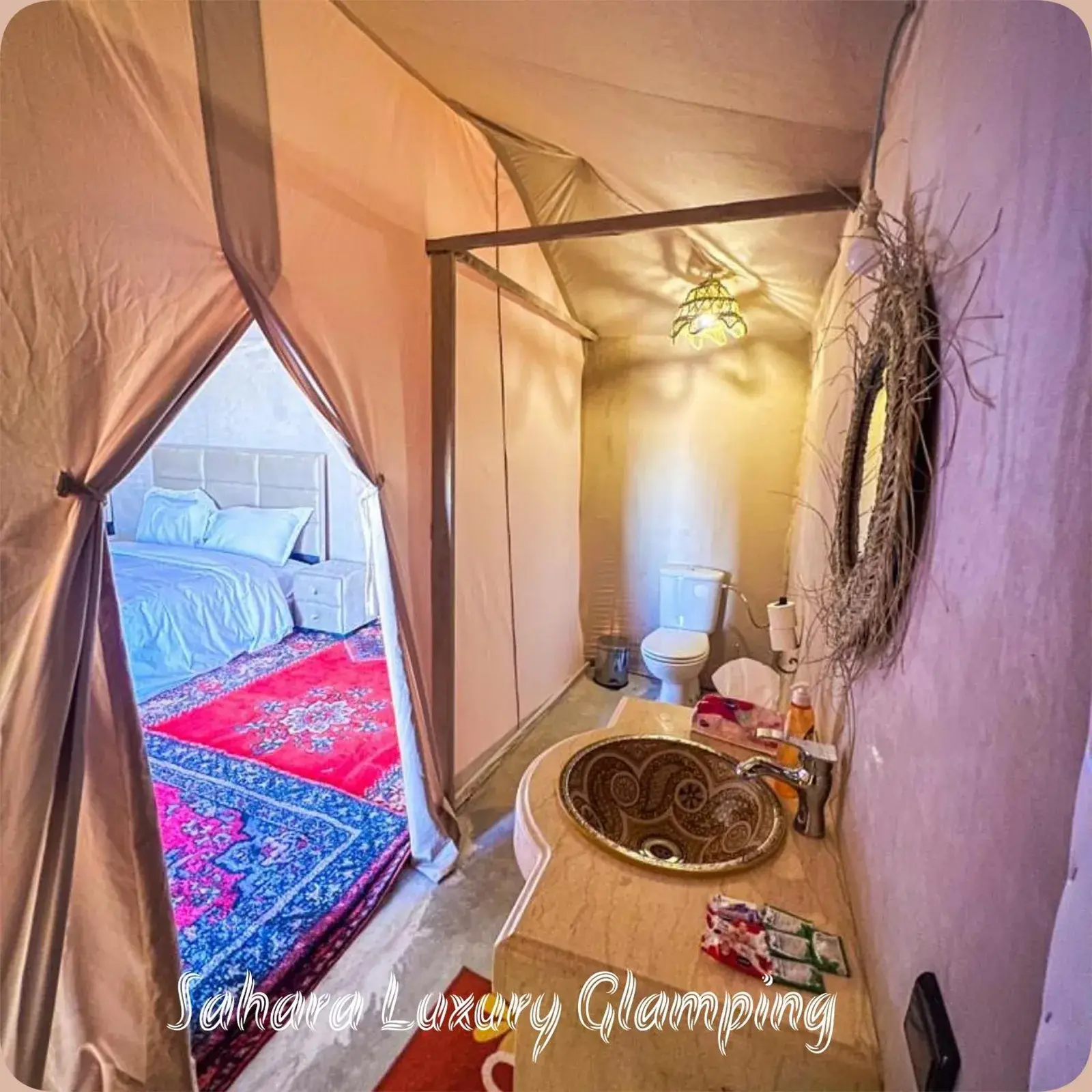 Bathroom area in tent at Sahara Luxury Glamping
