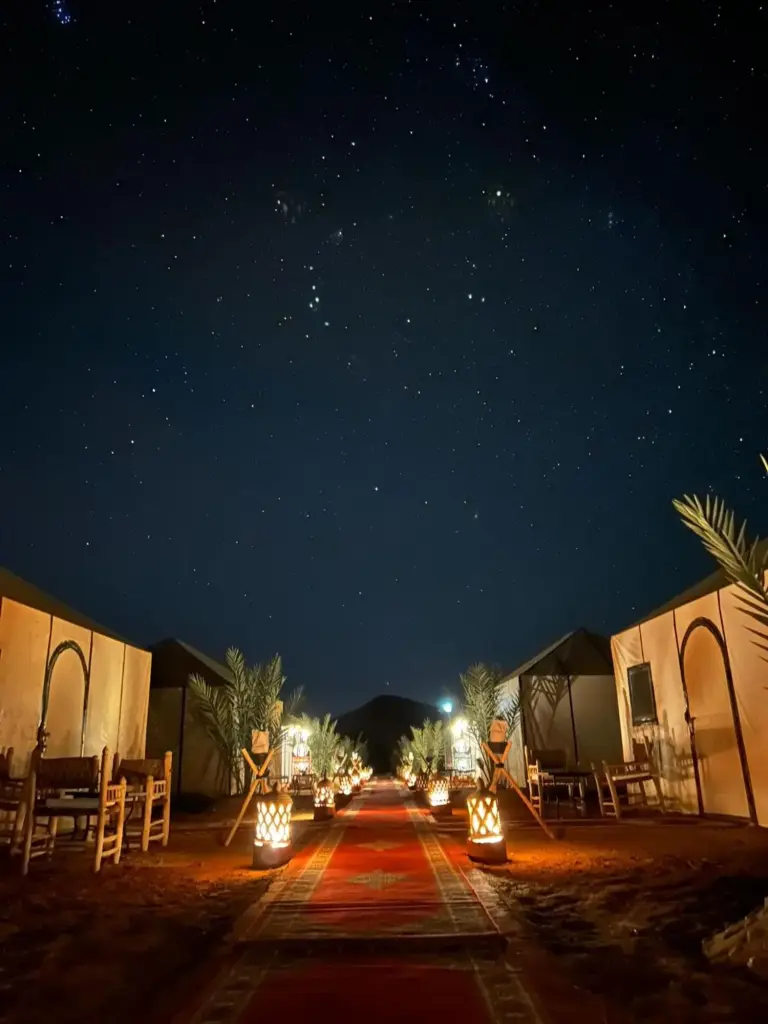 Starry night view over Sahara Tours luxury camp in Merzouga
