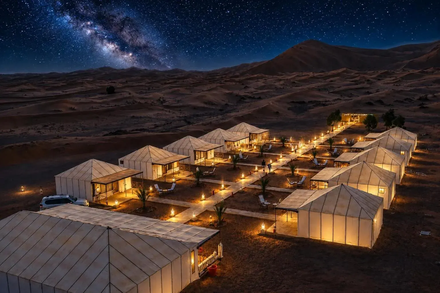 Außenansicht des Sinbad Merzouga Camp bei Nacht in Merzouga mit beleuchteten Luxuszelt unter einem sternenklaren Wüstenhimmel