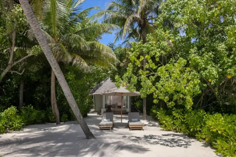 Zone de plage privée avec des chaises longues au Six Senses Kanuhura