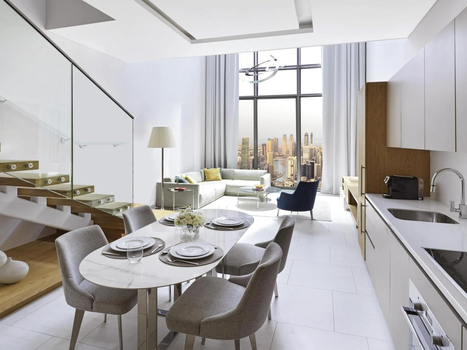 SLS Dubai Hotel & Residences living room with skyline view