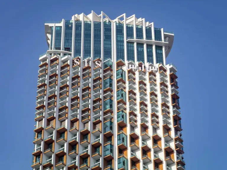 SLS Dubai Hotel & Residences exterior view with blue sky
