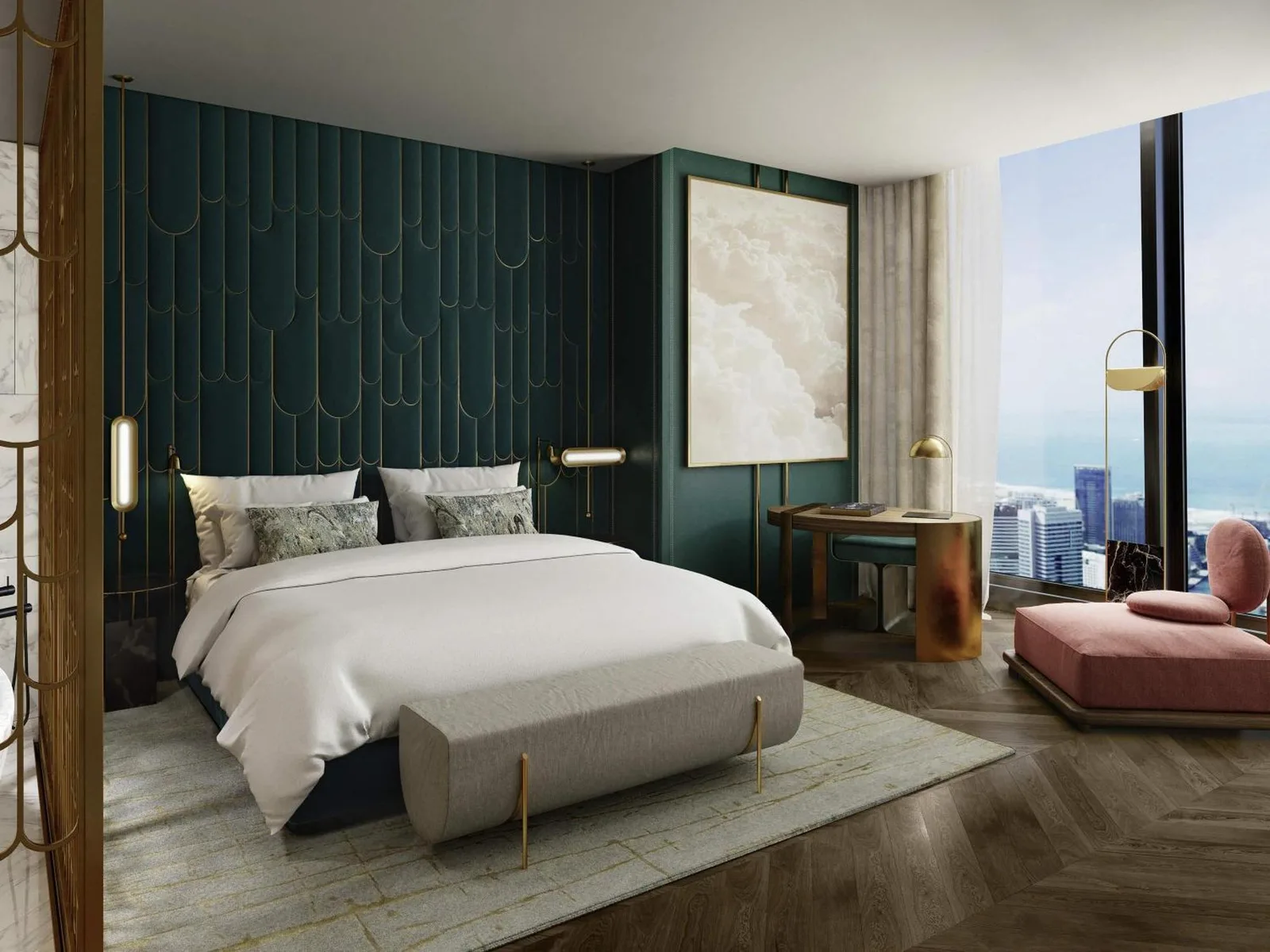 Chic guest room at SO/Uptown Dubai hotel with scenic views.