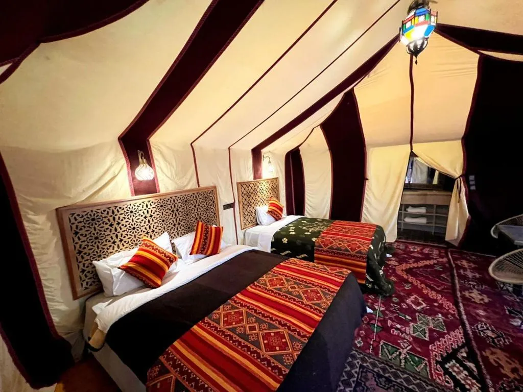 Inside view of a luxury tent at Stellar Luxury Camp, Merzouga