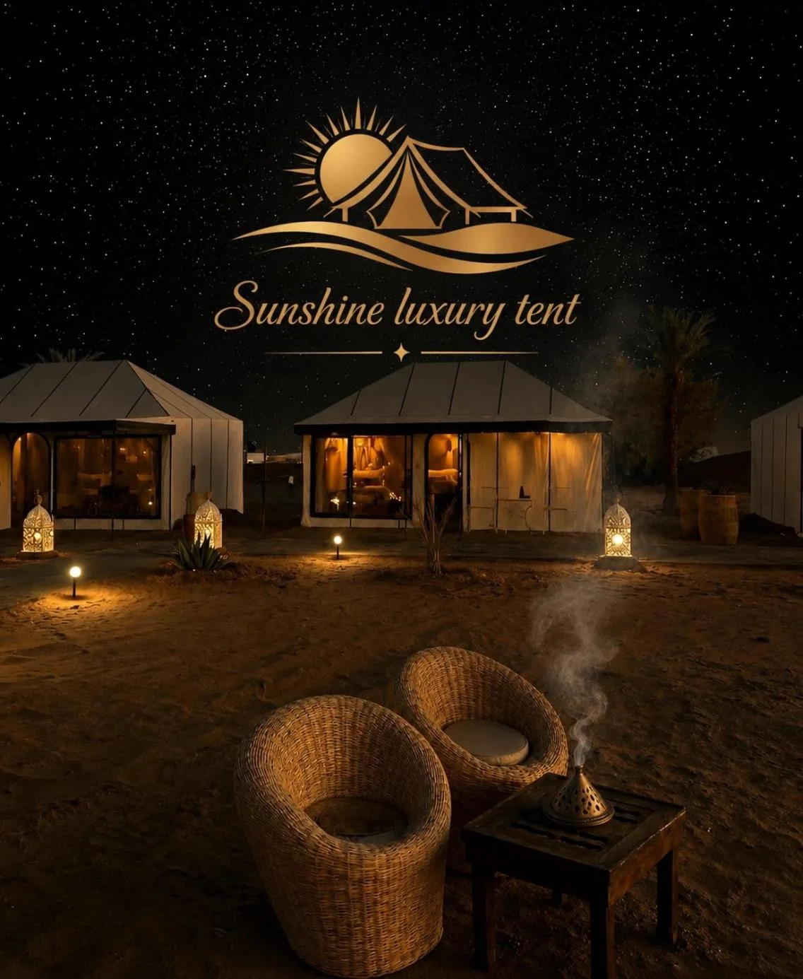 Sunshine luxury tent in Merzouga exterior at night with illuminated tents, desert seating, and a warm campfire setup.