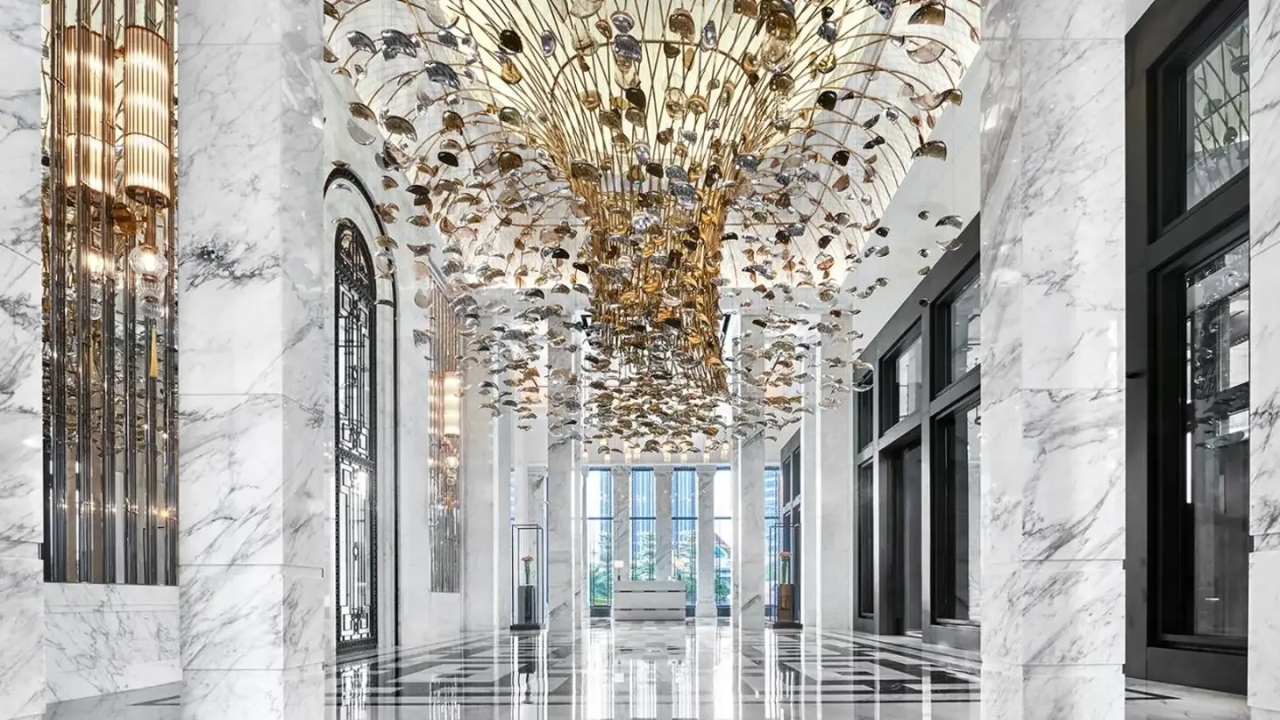 The Langham, Jakarta Grand Lobby with artistic chandelier