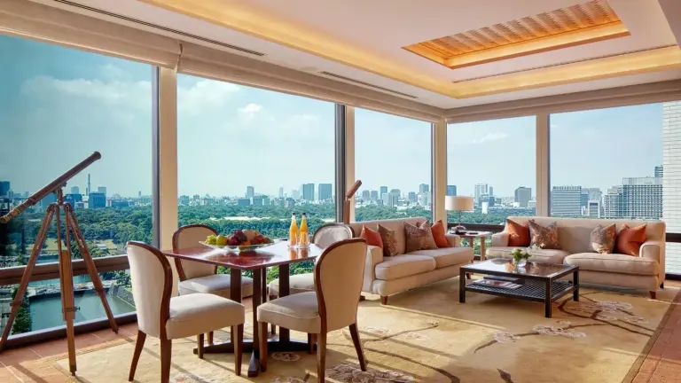 The Peninsula Tokyo modern bathroom with skyline view