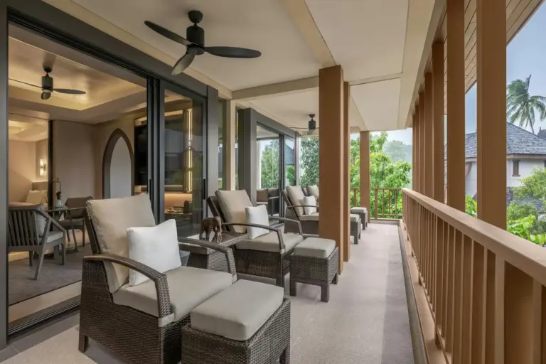 Spacious balcony with seating at The Ritz-Carlton, Koh Samui
