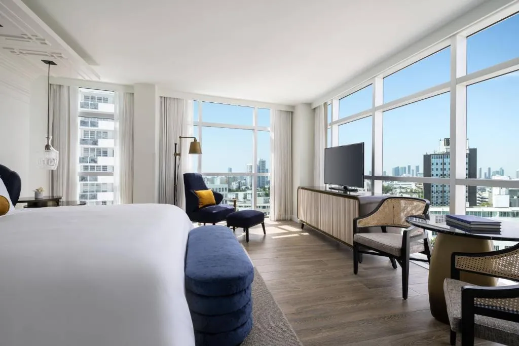 Bright guest room with skyline view at The Ritz-Carlton, South Beach Miami