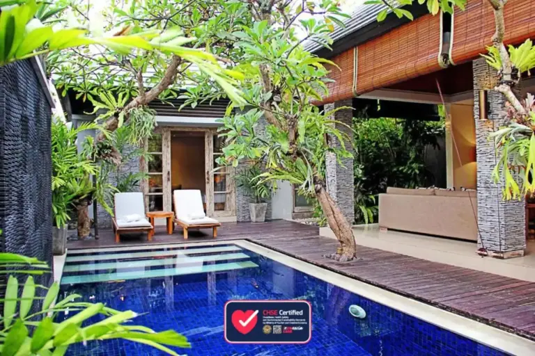 Garden view of the private pool at The Wolas Villas in Seminyak
