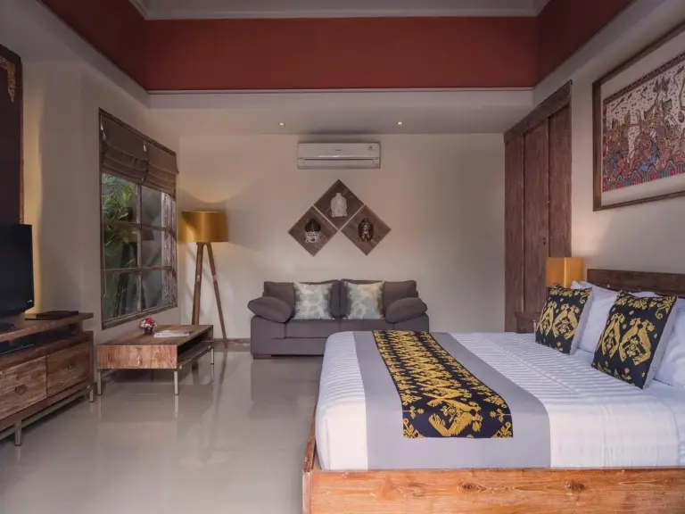 Stylish bedroom at The Wolas Villas in Seminyak