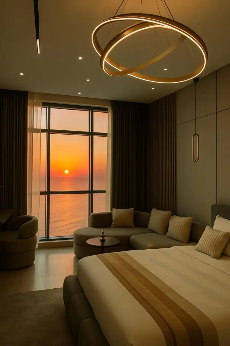 Habitación de hotel lujosa con vistas al atardecer en Ajman