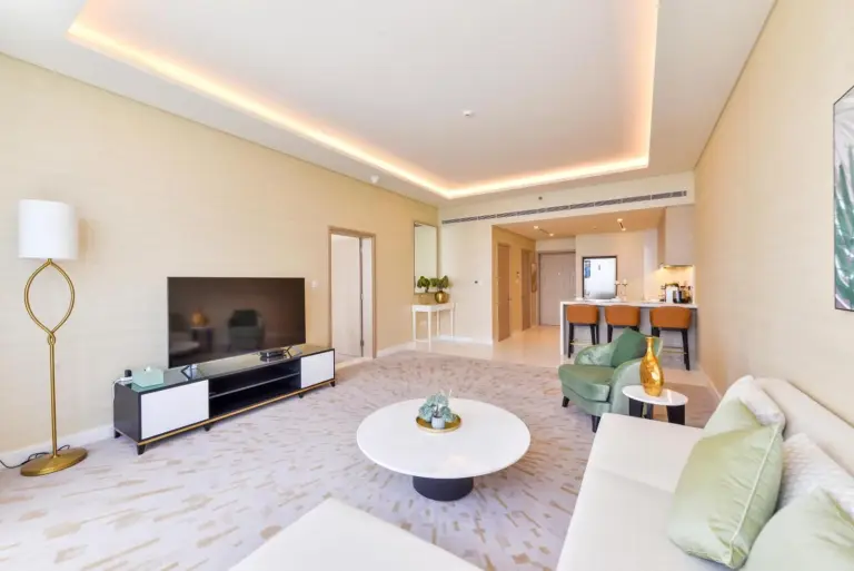 Combined living and kitchen area in Ultra Luxury Palm Tower, Dubai