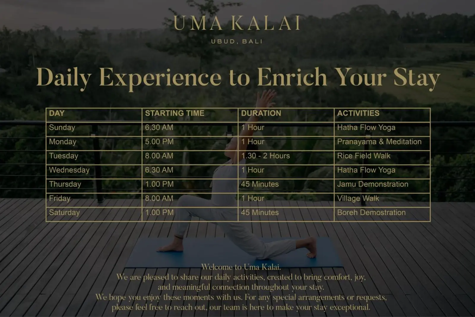 Programa diario de experiencias en Uma Kalai, Ubud