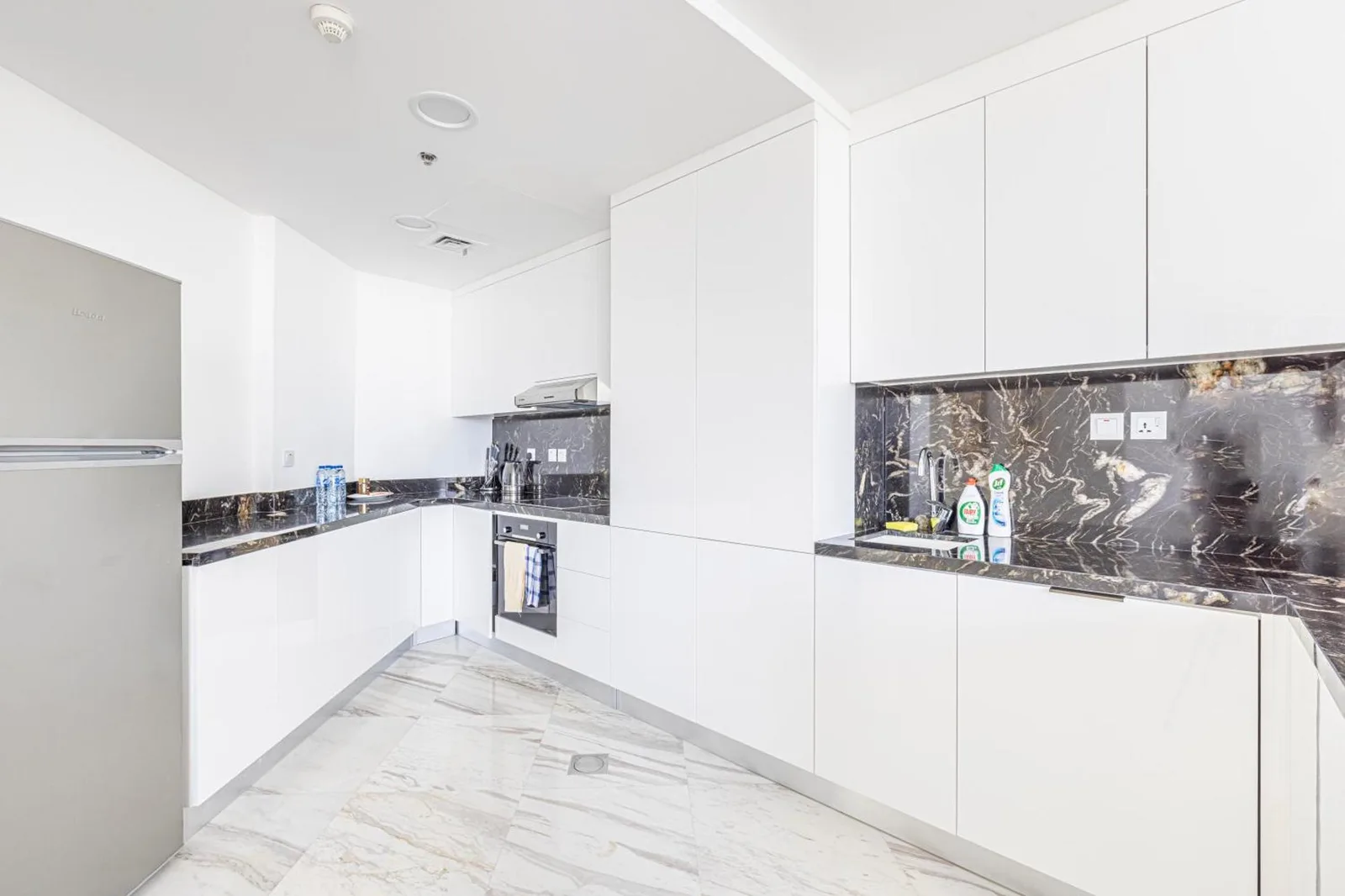 Fully equipped kitchen in the upgraded two bedroom apartment in Marina Dubai