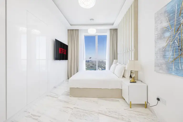 Elegant master bedroom in the upgraded two bedroom apartment in Marina Dubai