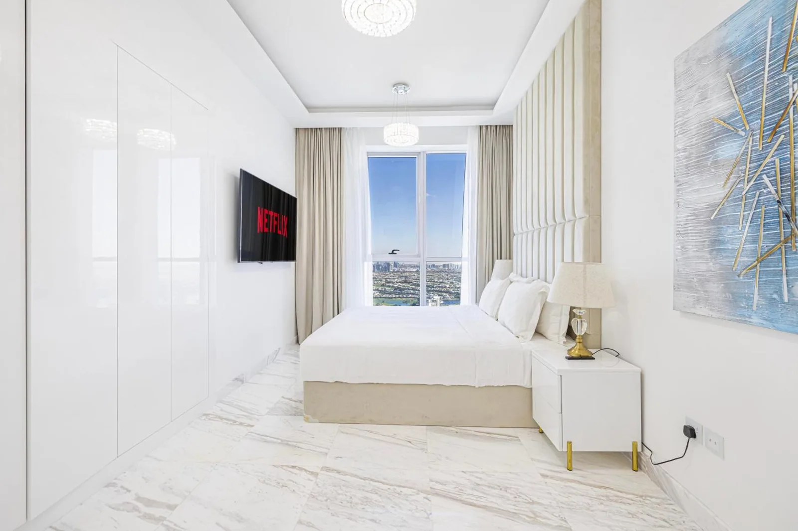 Elegant master bedroom in the upgraded two bedroom apartment in Marina Dubai