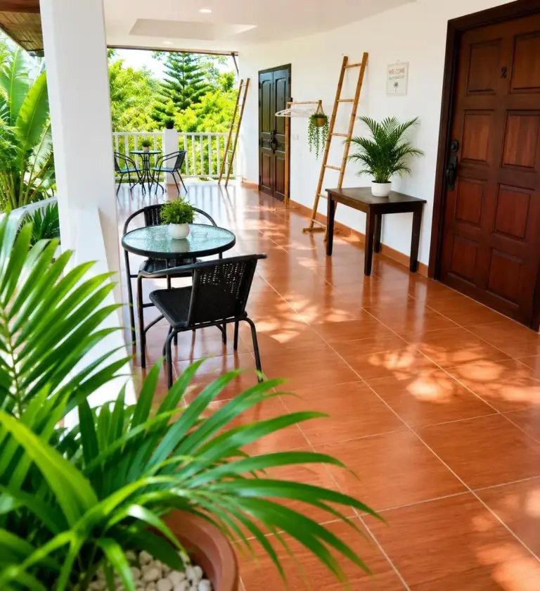 Covered terrace at Villa Giacomelli Samui in Koh Samui with seating, wooden doors, and tropical views.