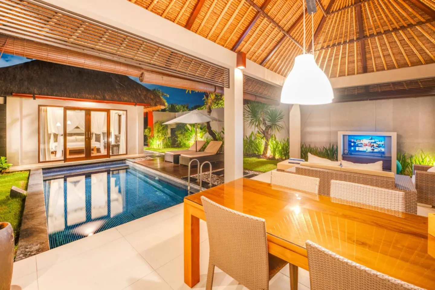 Evening ambiance by the pool at Villa Jerami & Spa