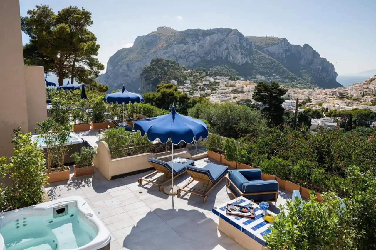 Villa Lia Hotel Capri outdoor patio with a view of Capri