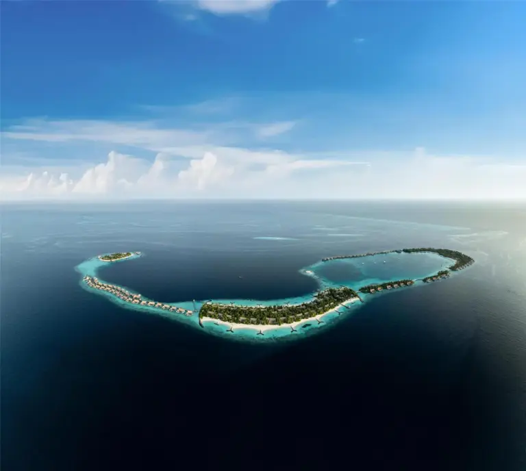 Luftaufnahme des Waldorf Astoria Maldives Ithaafushi im Süd-Male-Atoll