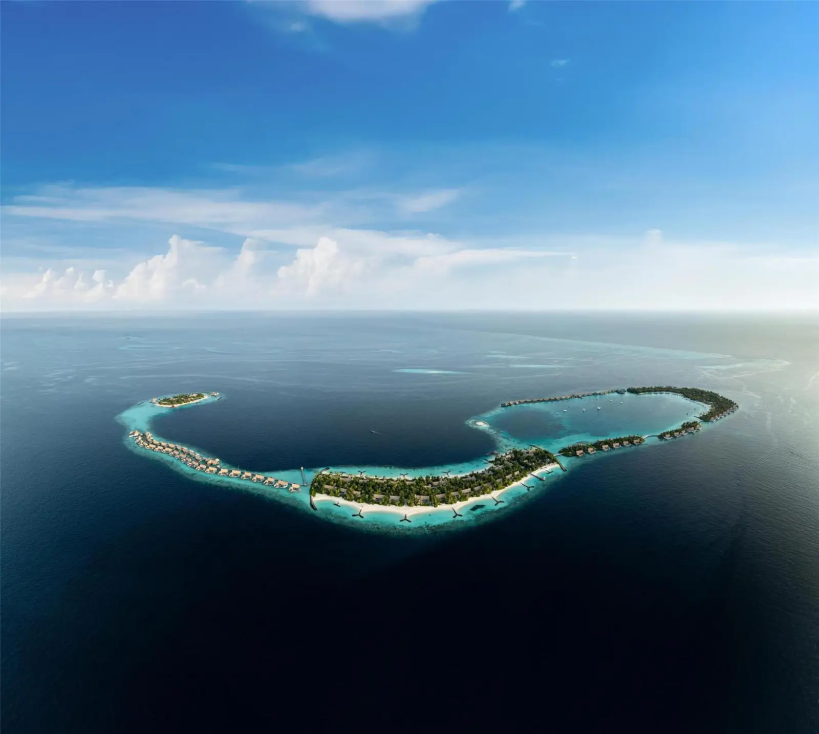 Luftaufnahme des Waldorf Astoria Maldives Ithaafushi im Süd-Male-Atoll