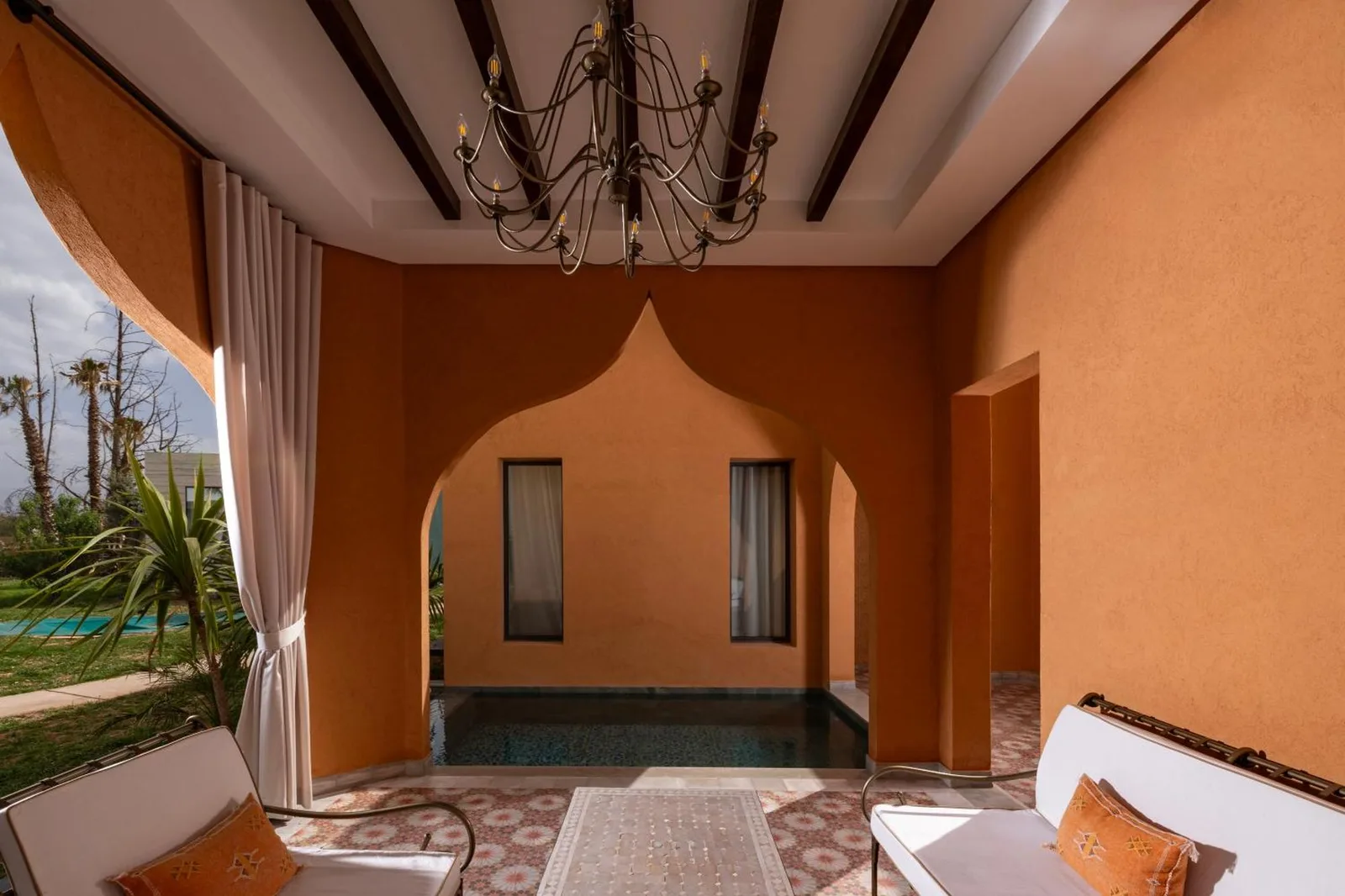 Lounge area with a view of the pool at Yin Hotel & Spa in Marrakech