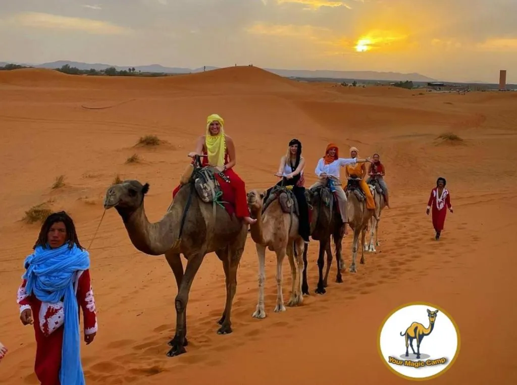 Guests riding camels at Your Magic Camp in Merzouga